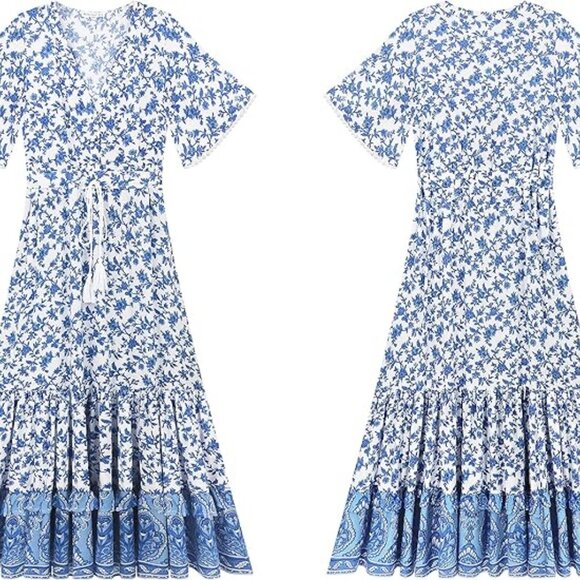 R.Vivimos Summer Floral Print Maxi Short Bell Sleeve Dress Size L - Picture 5 of 15